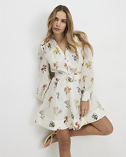 Cream Floral Mini Shirt Dress