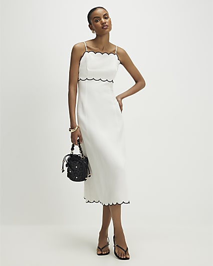 White Linen Blend Scallop Trim Midi Dress