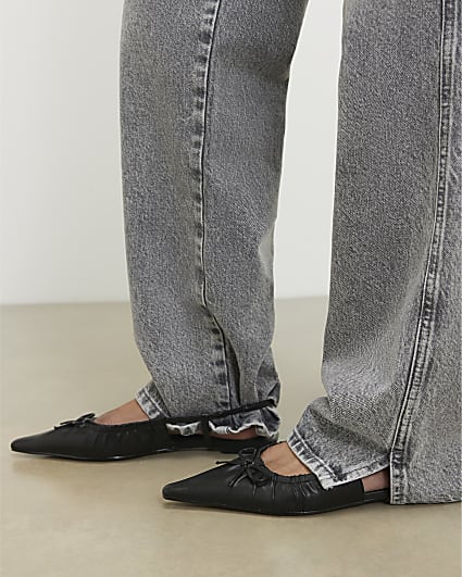 Black Ruched Bow Sling Back Flat Shoes