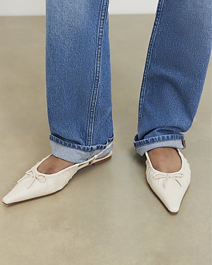 Cream Ruched Bow Sling Back Flat Shoes