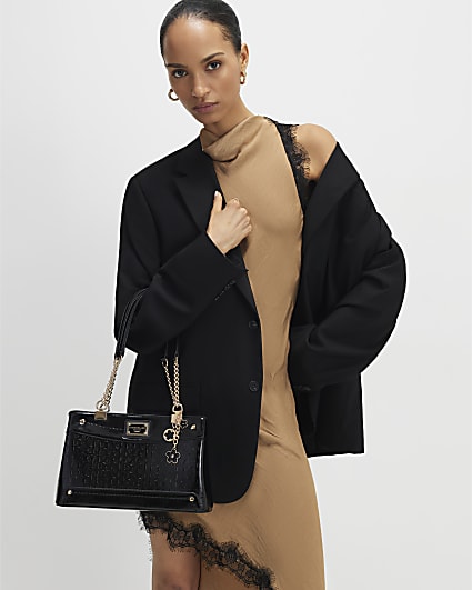 Black Embossed Monogram Chain Shoulder Bag
