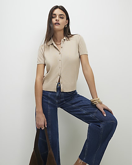 Beige Knitted Short Sleeve Polo Cardigan