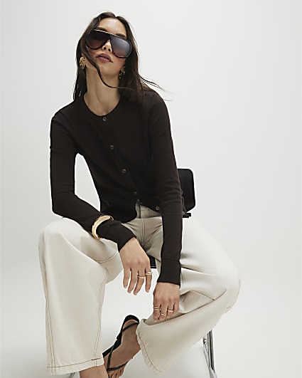 Brown Crew Neck Knitted Cardigan