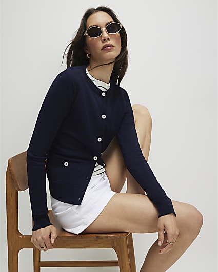 Navy Knitted Crew Neck Cardigan