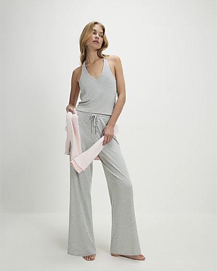 Grey Halter Neck Ribbed Loungewear Set