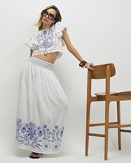 White Embroidered Spot Print Maxi Skirt
