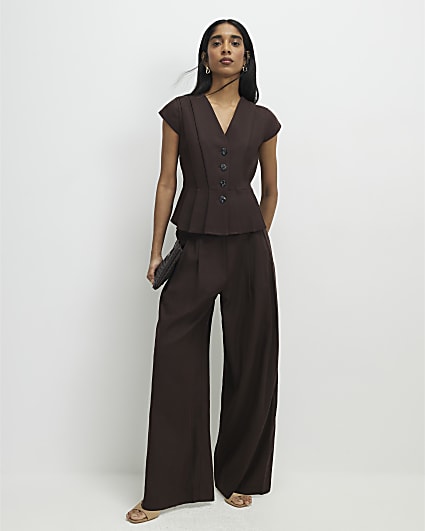 Brown Linen Blend Tailored Wide Leg Trousers