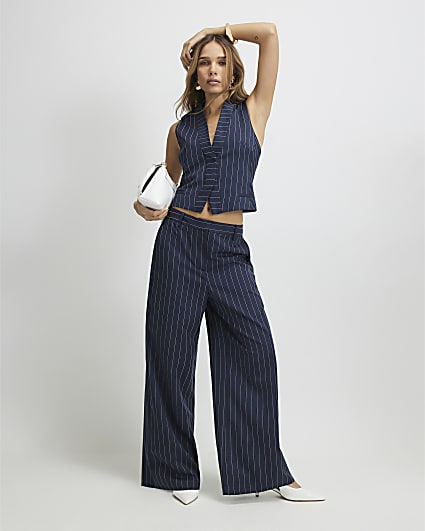 Navy Tailored Pinstripe Wide Leg Trousers
