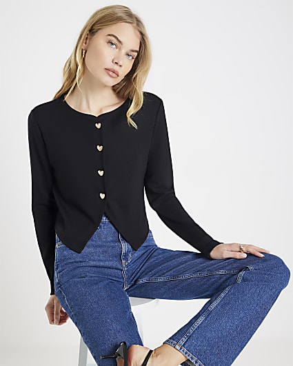 Black Long Sleeve Cropped Heart Cardigan