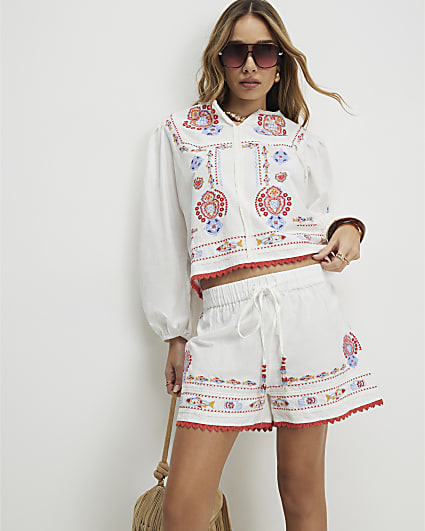 White Embroidered Shorts