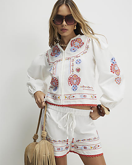 White Embroidered Long Sleeve Blouse