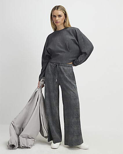 Petite Brown Premium Crinkle Wide Leg Joggers