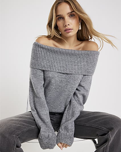 Grey Long Sleeve Bardot Jumper