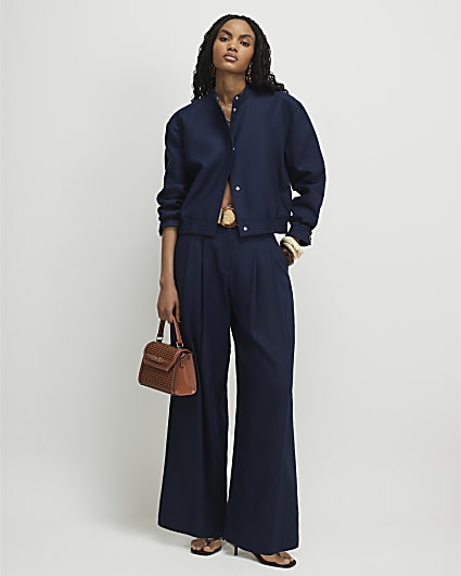 Navy Raffia Belted Tailored Wide Leg Trousers