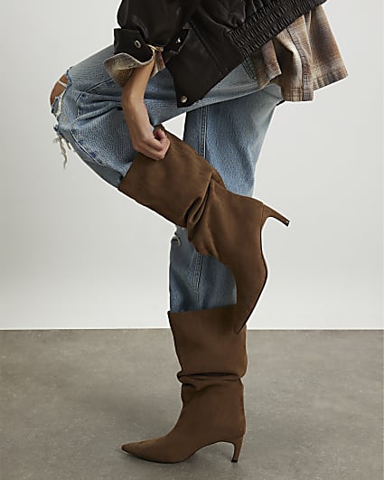 Beige Faux Suede Slouch High Leg Boots