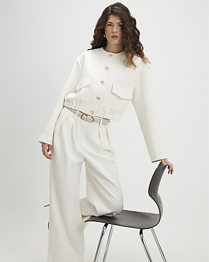 Cream Long Sleeve Pocket Detail Bomber Jacket