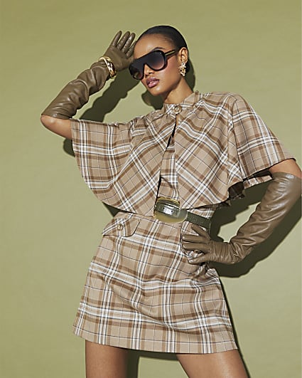 Beige Checked Cape Detail Mini Dress
