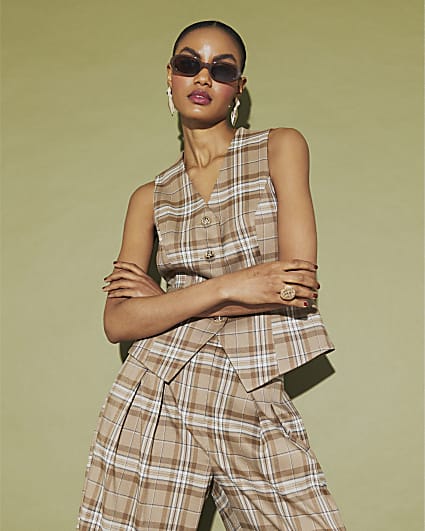 Beige Checked Cinched Waist Waistcoat