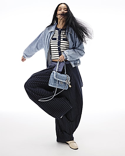 Navy Stripe Deep Pleated Wide Leg Trousers