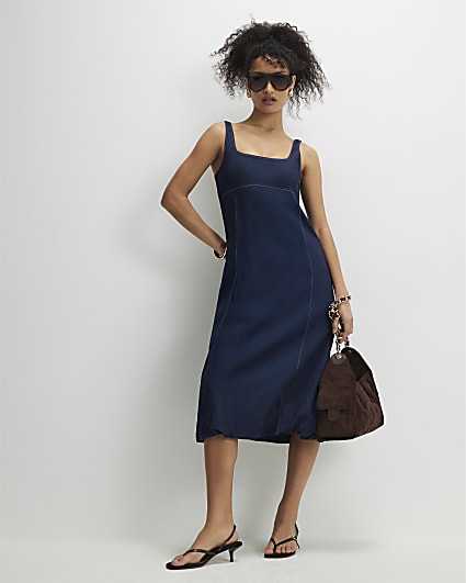 Blue Denim Bubble Hem Midi Dress
