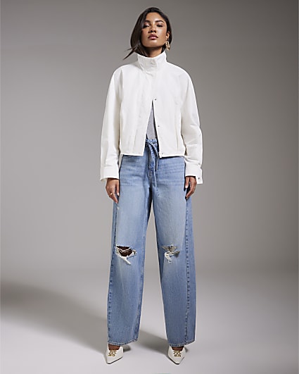 Blue Ripped Drawstring Balloon Leg Jeans