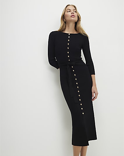Black Belted Ribbed Knit Midi Dress