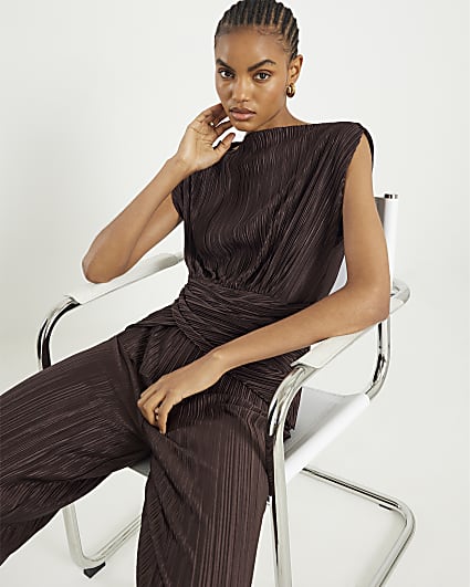 Brown Plisse Sleeveless Wrap Top