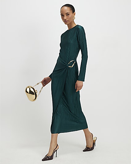 Green Plisse Buckle Detail Midi Dress