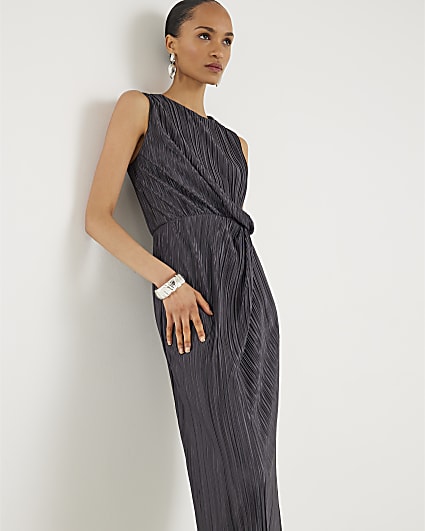 Grey Plisse Knot Side Midi Dress