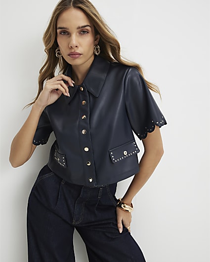 Navy Faux Leather Scallop Trim Studded Top