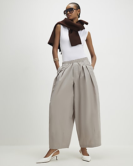 Beige Barrel Leg Pleated Trousers