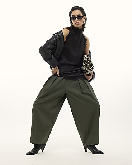 Khaki Poplin Barrel Leg Trousers