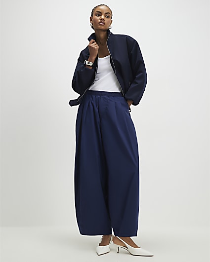 Navy Barrel Leg Trousers
