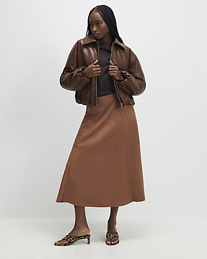 Brown Faux Suede Full Circle Midi Skirt