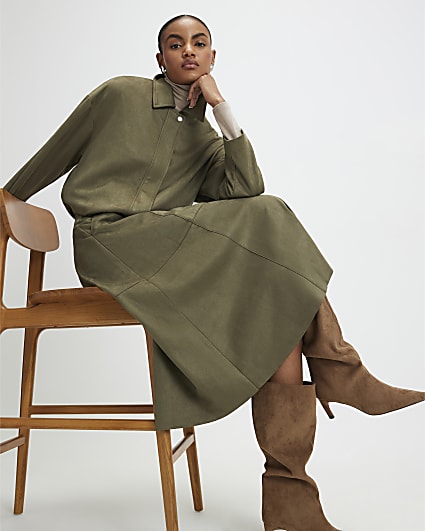 Khaki Faux Suede Full Circle Midi Skirt