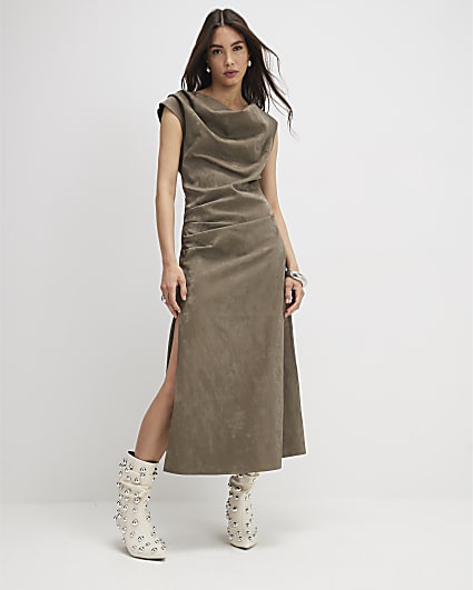 Khaki Hammered Effect Cowl Neck Midi Dress