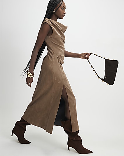 Brown Hammered Faux Leather Cowl Neck Dress