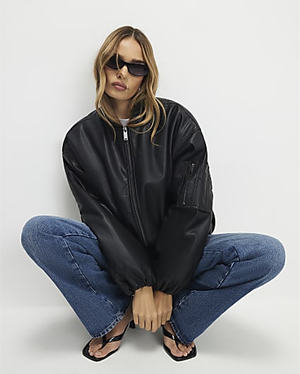 Black Faux Leather Bomber Jacket