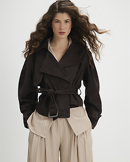 Brown Belted Faux Suede Cropped Trench Jacket