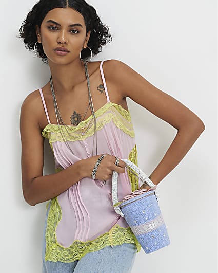 Blue Beaded Flower Pot Clutch Bag