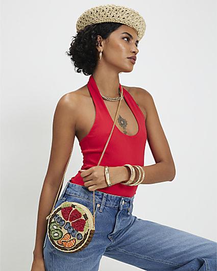 Beige Beaded Fruit Tart Crossbody Bag