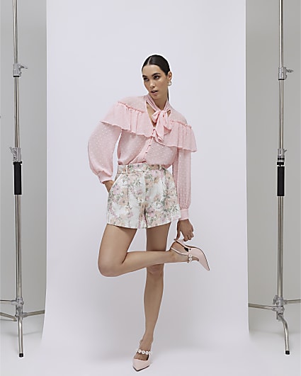 Pink Ruffle Tie Neck Blouse