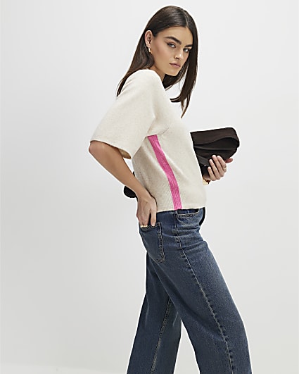 Beige Short Sleeve Tipped Jumper