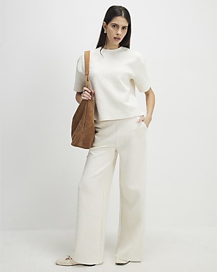 Cream Jacquard Wide Leg Trousers