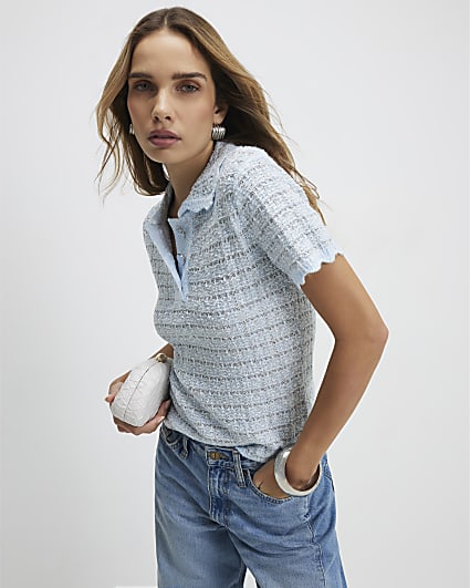 Blue Button Up Boucle Collared Top