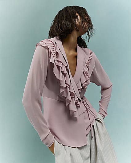 Pink Long Sleeve Wrap Ruffle Blouse