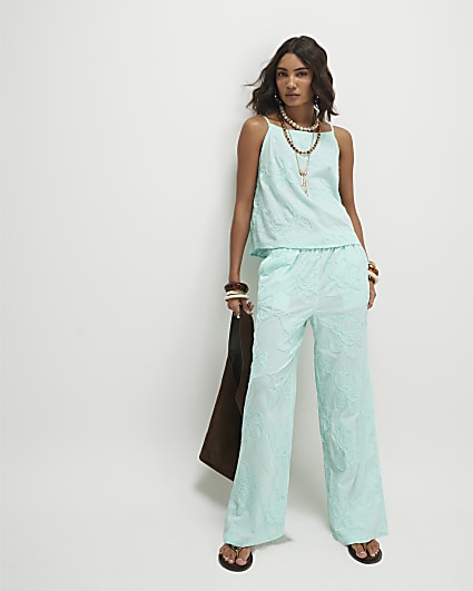 Blue Floral Textured Trousers