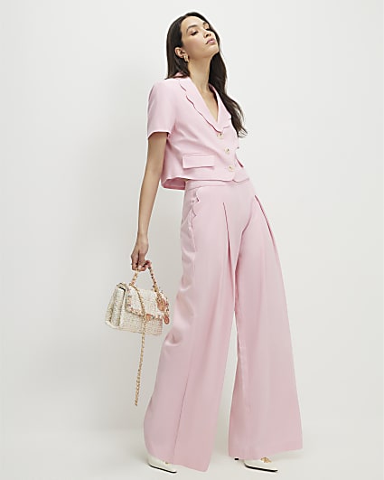 Pink Linen Blend Scalloped Wide Leg Trousers