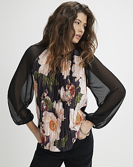 Black Floral Pleated Long Sleeve Top