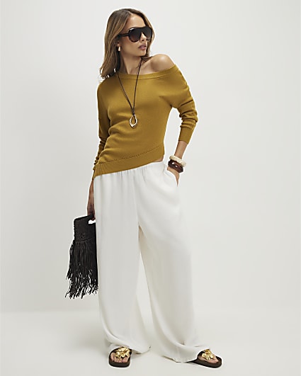 Khaki Linen Blend Knit Asymmetric Jumper